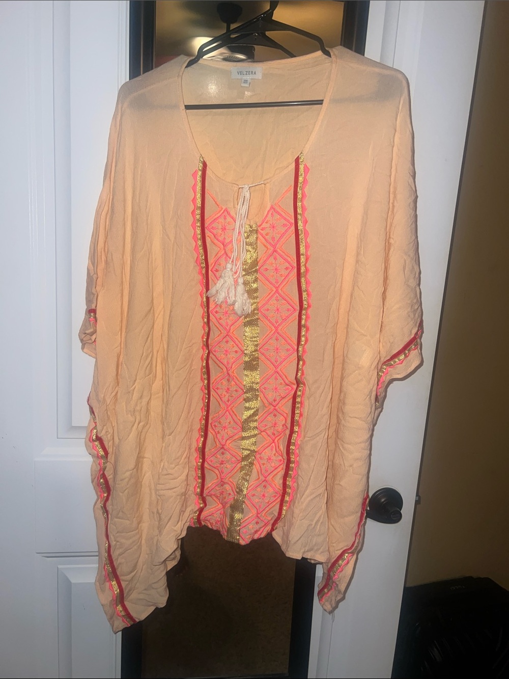 Velzera Peach Embroidered Tunic with Pink & Gold Accents